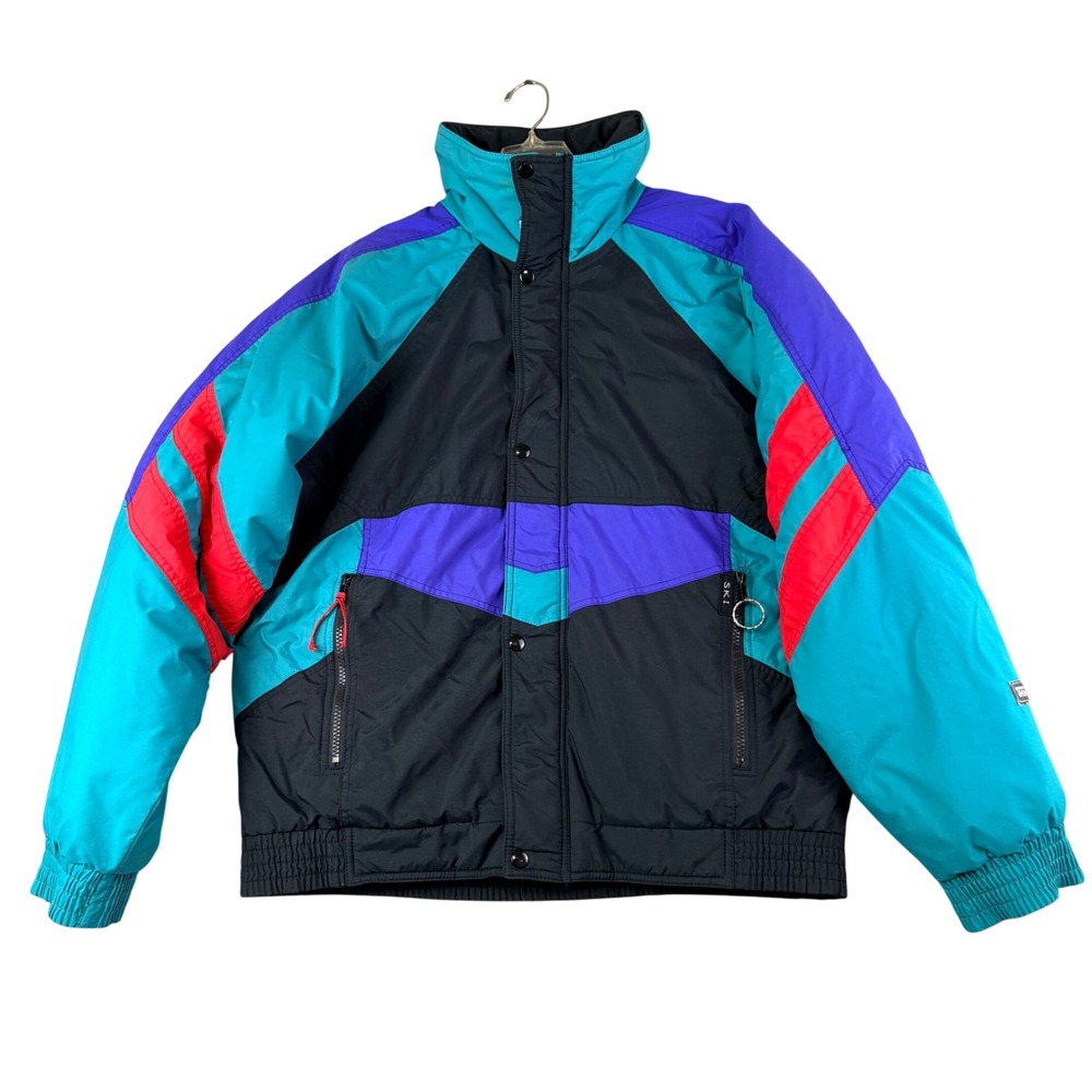Vintage 90s SKI M Black Teal Colorblock Puffer Snow Jacket Thermoloft 80s Bomber